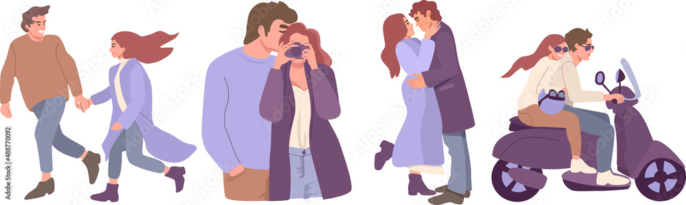 A set of romantic couples, isolated on white background. Men and women hugging, kissing, riding a bike and spending time together. Males and females in love. A set of romantic couples, isolated on white background. Men and women hugging, kissing, riding a bike and spending time together. Males and females in love.