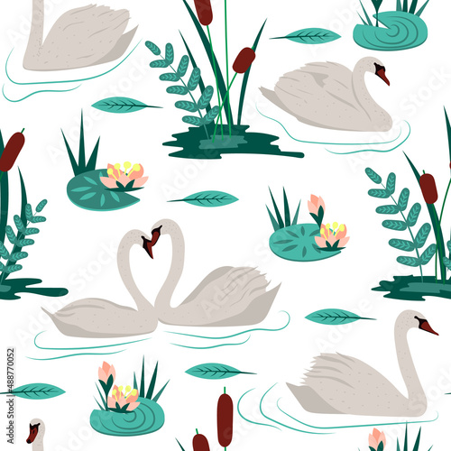 Beautiful seamless pattern with white swans on the lake. Vector illustration