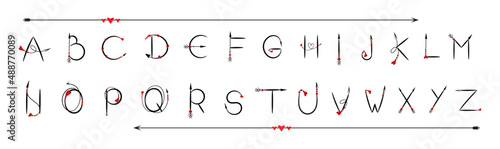 Kids flat alphabet vector set - Love spring latin font - letters. Decorative letters with hearts and arrows.