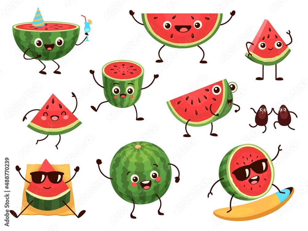Funny watermelon slices characters with cartoon smile faces. Cute fruit in sunglasses surf. Summer time party. Comic watermelons vector set Funny watermelon slices characters with cartoon smile faces. Cute fruit in sunglasses surf. Summer time party. Comic watermelons vector set
