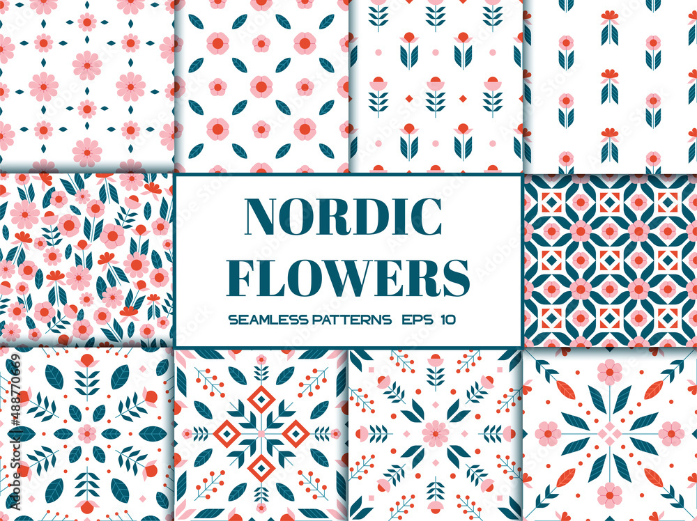 Big set of Scandinavian nordic floral seamless pattern with simple geometric flower elements pastel colors vector illustration Big set of Scandinavian nordic floral seamless pattern with simple geometric flower elements pastel colors vector illustration
