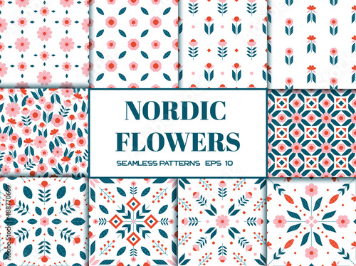 Big set of Scandinavian nordic floral seamless pattern with simple geometric flower elements pastel colors vector illustration