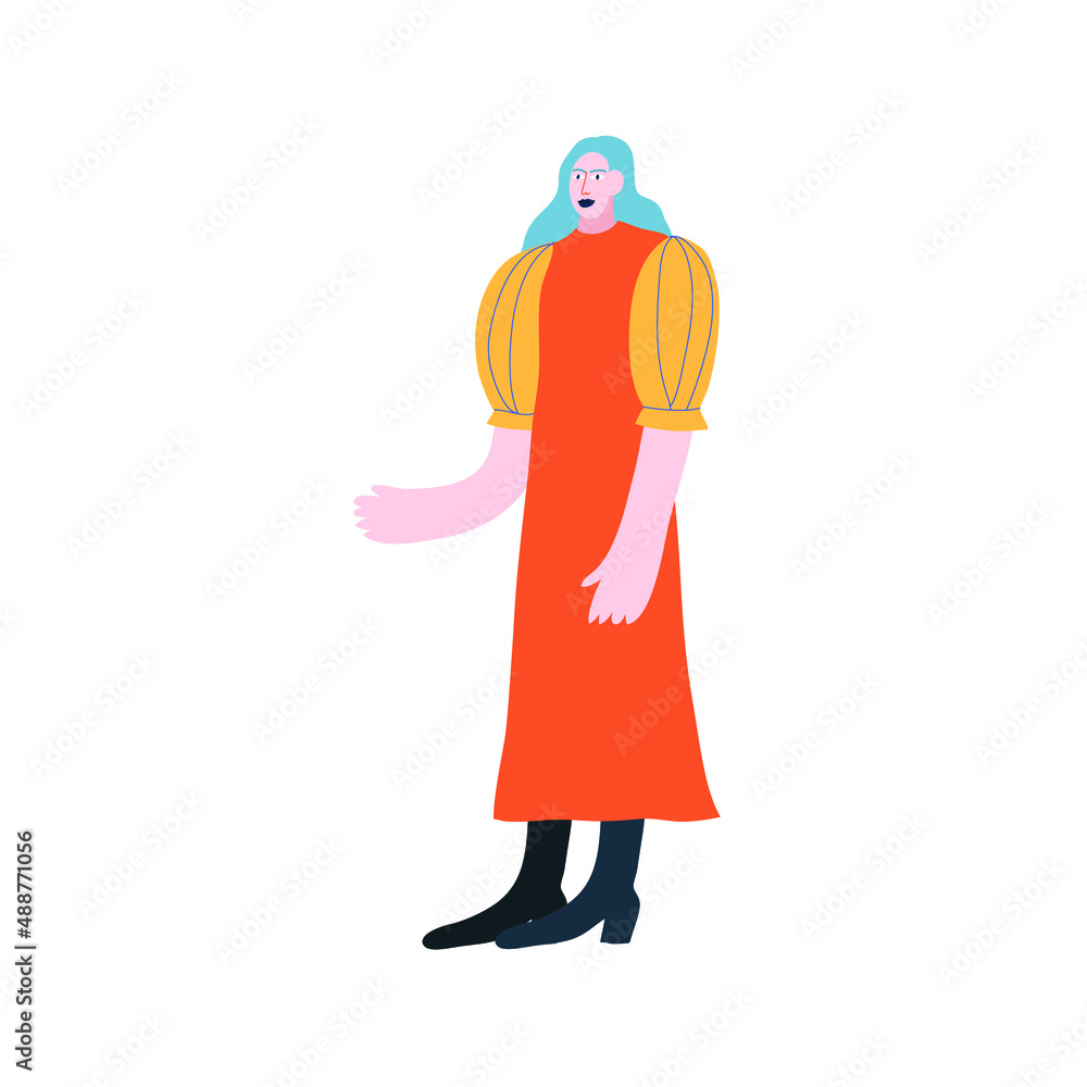 Colorful vector illustration with a girl. Depiction of young lady with blue hair in red dress. Character, person.