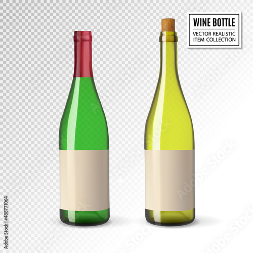 Realistic vector illustration of green wine bottle Isolated on transparent background. Front view of the wine bottle with label