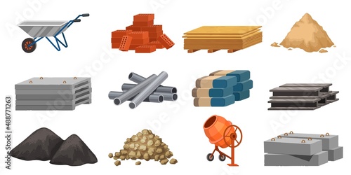 Cartoon building materials, slabs, bricks, metal pipes and piles. Construction site blocks, cement heap, gravel, sand and tools vector set