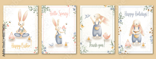 Greeting card with Easter bunny, chicken, bird, flowers on white background. Use for greeting, posters, design.