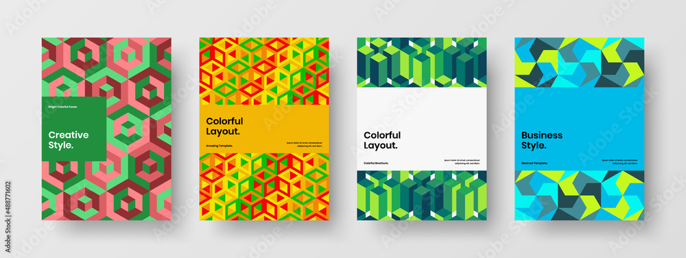Bright handbill A4 design vector illustration collection. Creative mosaic hexagons magazine cover concept set.