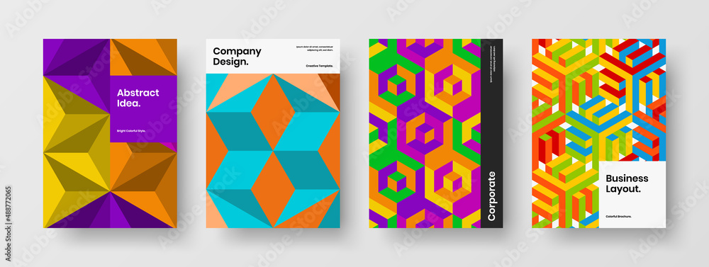 Clean booklet A4 vector design template collection. Original mosaic shapes postcard illustration composition.