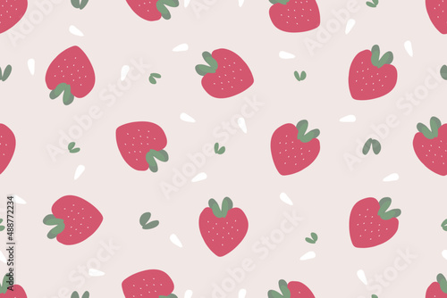 Vector. seamless pattern wallpaper background. Cute drawing design of fresh red strawberry fruit and white seed
