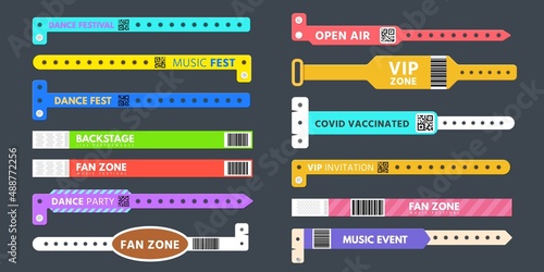 Event entrance plastic bracelet, pass wristband for concert. Wrist band with qr code covid vaccinated. Vip party access control vector set