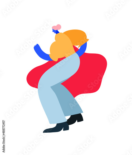 Colorful vector illustration with a girl dancing. Abstract shape on the background. Depiction of young woman in dancing position. Activity, entertainment.