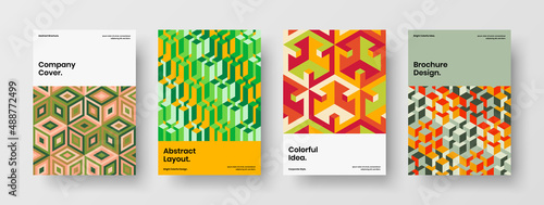 Simple mosaic hexagons front page illustration set. Multicolored corporate identity design vector template composition.
