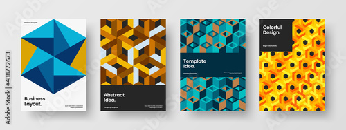 Trendy geometric shapes pamphlet illustration set. Simple company cover design vector template bundle.