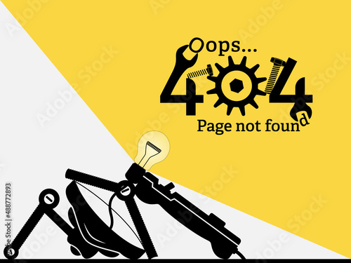 Error 404 concept design with disassembled office lamp, light bulb vector design. Webpage internet security warning to use in programming, web development, webpage error, mobile app design projects.