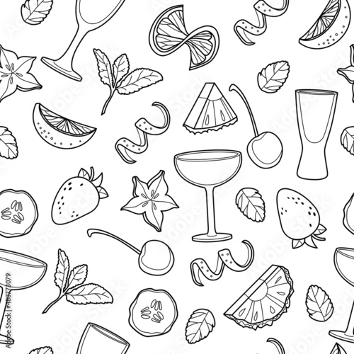 Vector bar cocktail and drink seamless pattern. Vector line art illustration