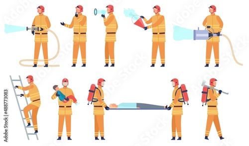 Flat fireman worker in uniform saving people and put out flame. Firefighter character, professional rescuer with hose and ladder vector set