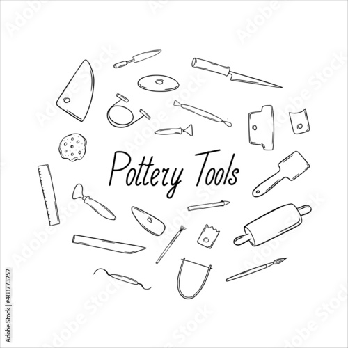 Hand-drawn illustration of instruments, used in ceramic workshop. Pottery tools, handmade ceramics instruments, forming, glazing and firing.