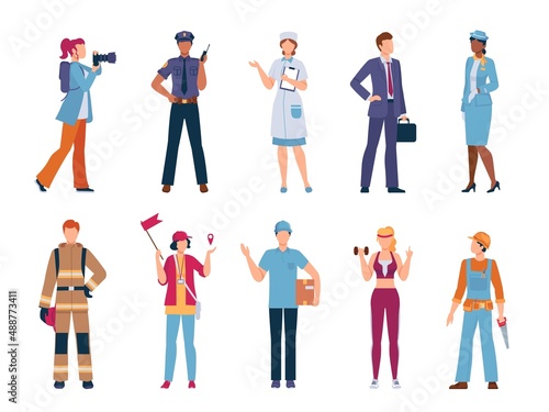 People professions and occupations, policeman, fireman, repair worker and doctor. Flat male and female characters in job uniform vector set