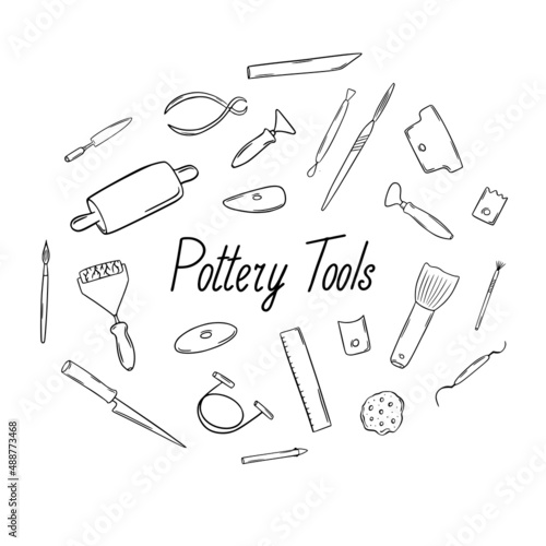 Hand-drawn illustration of instruments, used in ceramic workshop. Pottery tools, handmade ceramics instruments, forming, glazing and firing.