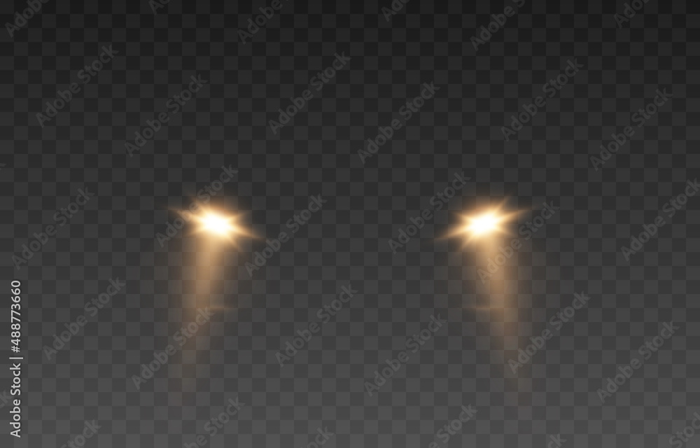 Vector light from the headlights PNG. Light from the headlights of a car on an isolated transparent background. Round headlights, yellow light PNG. Road lighting. PNG.