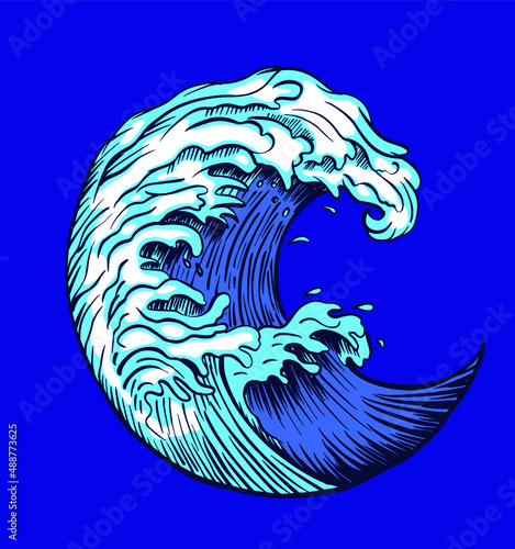 Valokuva Elegant colored drawing of sea or ocean wave with foaming crest isolated on light background
