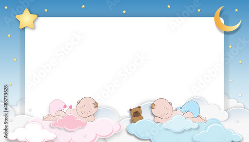Baby shower card,Cute little twin boy, girl sleeping on fluffy cloud with crescent moon and star on blue sky background, Vector Paper cut cloudscape backdrop with copy space for newborn baby's photo