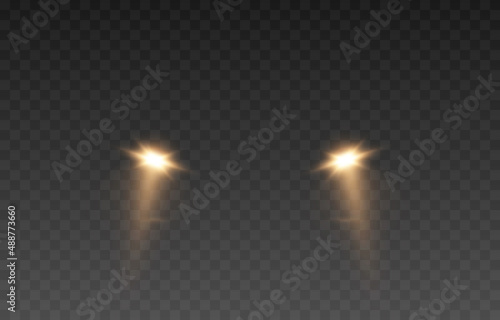 Vector light from the headlights PNG. Light from the headlights of a car on an isolated transparent background. Round headlights, yellow light PNG. Road lighting. PNG.
