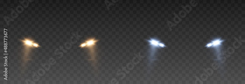 Vector light from headlights PNG. Light from car headlights on an isolated transparent background. Round headlights, gold and blue light PNG. Road lighting. PNG.