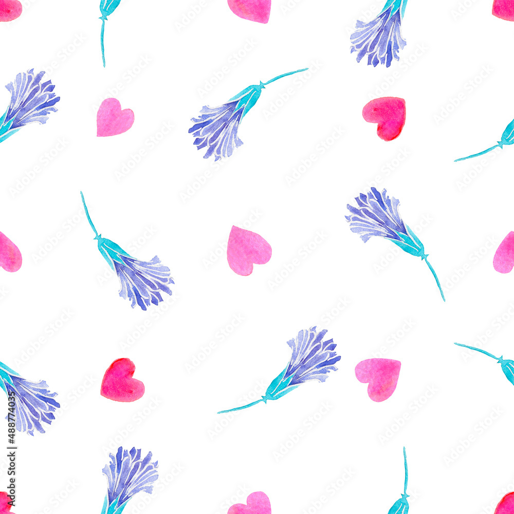 Violet flowers, seamless pattern. Watercolor illustration, hand painting. 