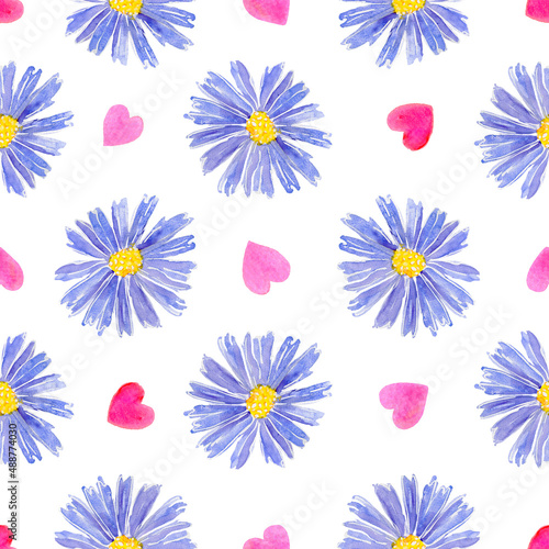 Fototapeta Naklejka Na Ścianę i Meble -  Violet flowers, seamless pattern. Watercolor illustration, hand painting. 