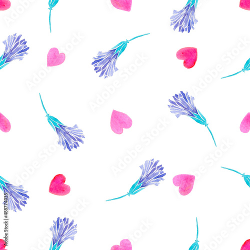 Violet flowers  seamless pattern. Watercolor illustration  hand painting. 