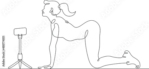 Fitness blogger leads a workout.One continuous line.Blogger female character. Internet blogging, online broadcasting.Continuous line drawing.Line Art isolated white background.