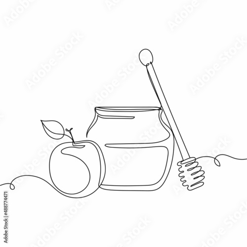 Continuous one simple single abstract line drawing of honey jar and fresh apples icon in silhouette on a white background. Linear stylized.