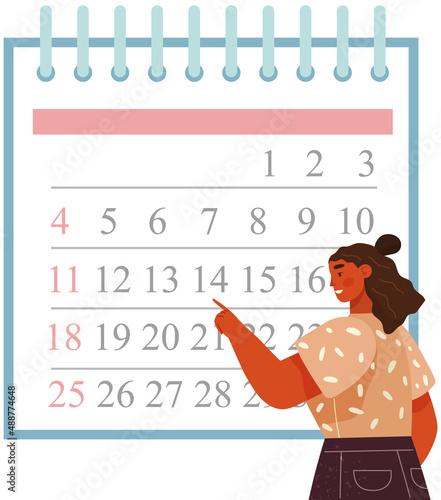 Month planning or to do list concept. Woman standing near giant calendar pointing to date. Task scheduling, work process organization. Time management, Calendar business planning and daily schedule