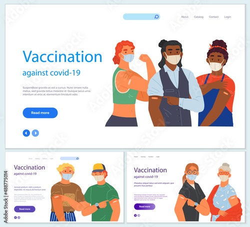 Stop coronavirus agitation concept. Vaccination promo, immunization of workers. Vaccine saves lives. People wearing protective mask showing their arm with bandage after receiving covid-19 vaccine