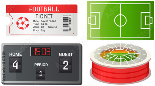 Soccer symbols set, sport football vector banner. Stadium, sports match ticket, and modern arena, scoreboard with timer and score in match isolated, green grass playing field, team championship