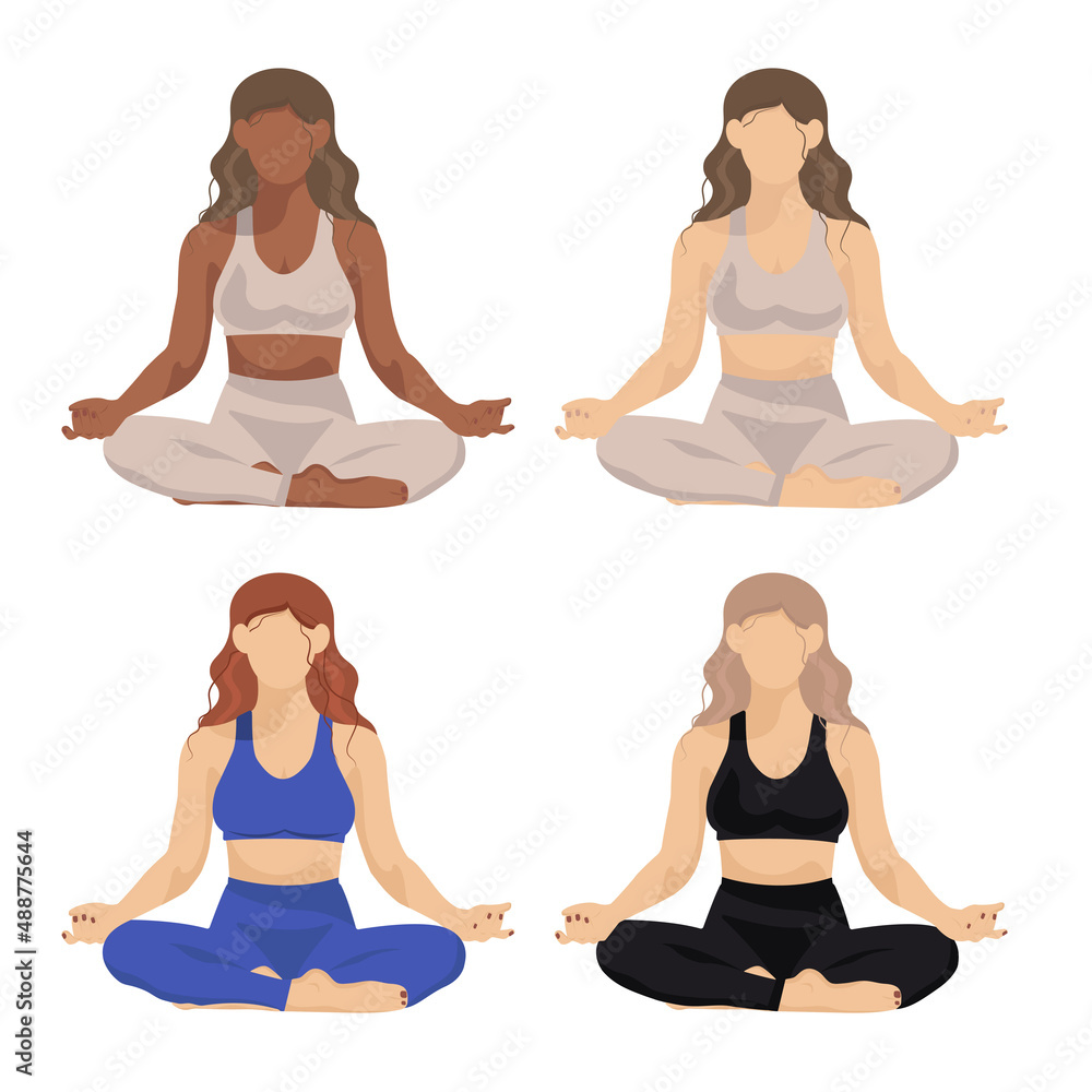 Meditation in a lotus pose. Yoga practice. International yoga day 21 June banner or poster with woman in lotus position. Faceless set vector illustration.	