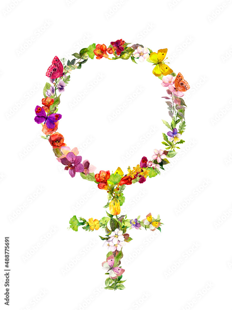 Feminism symbol with flowers. Watercolor woman female sign for 8 march