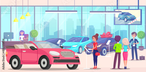 Car center, people customer buyer choosing automobile in store. Test drive of auto, auto showroom, sale of luxury transport, girl in distribution shop. Character examines transport for purchase