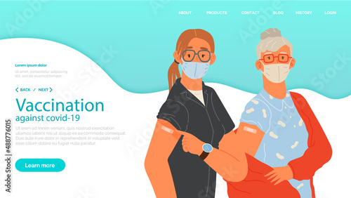 Stop coronavirus agitation concept. Vaccination promo, immunization of workers. Vaccine saves lives. People wearing protective mask showing their arm with bandage after receiving covid-19 vaccine