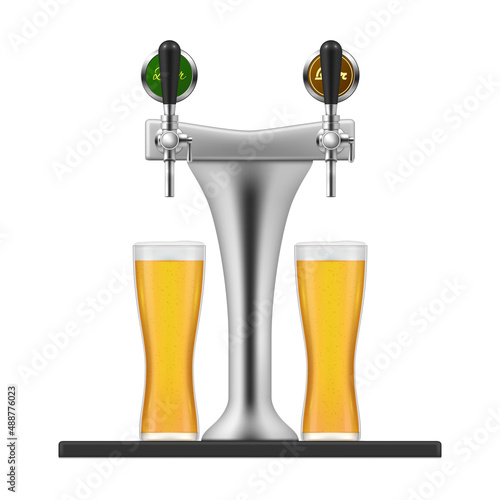 Realistic tap bar with two transparent glasses full of beer vector illustration. Pub equipment