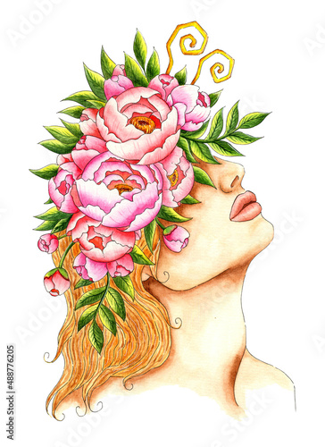 Watercolor illustration of the profile of a girl with a wreath of peonies on her head. Fairy fairy. Woman summer portrait. Isolated on white background. Drawn by hand.