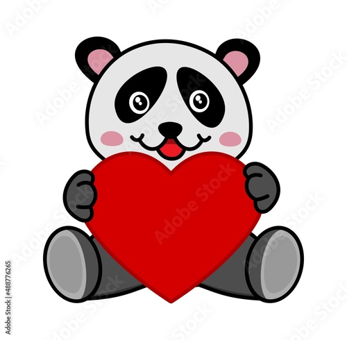 Young cute panda offering a gift in a heart of love