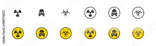 Danger yellow signs. Radiation, biohazard, death, toxic set icon in different styles. Vector isolated