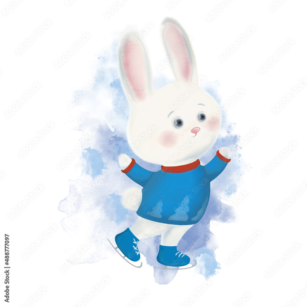 Watercolor Cute bunny on skates and in a knitted sweater Watercolor Cute bunny on skates and in a knitted sweater