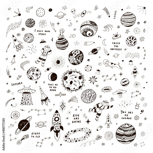 Space planets funny doodle universe objects vector illustrations set