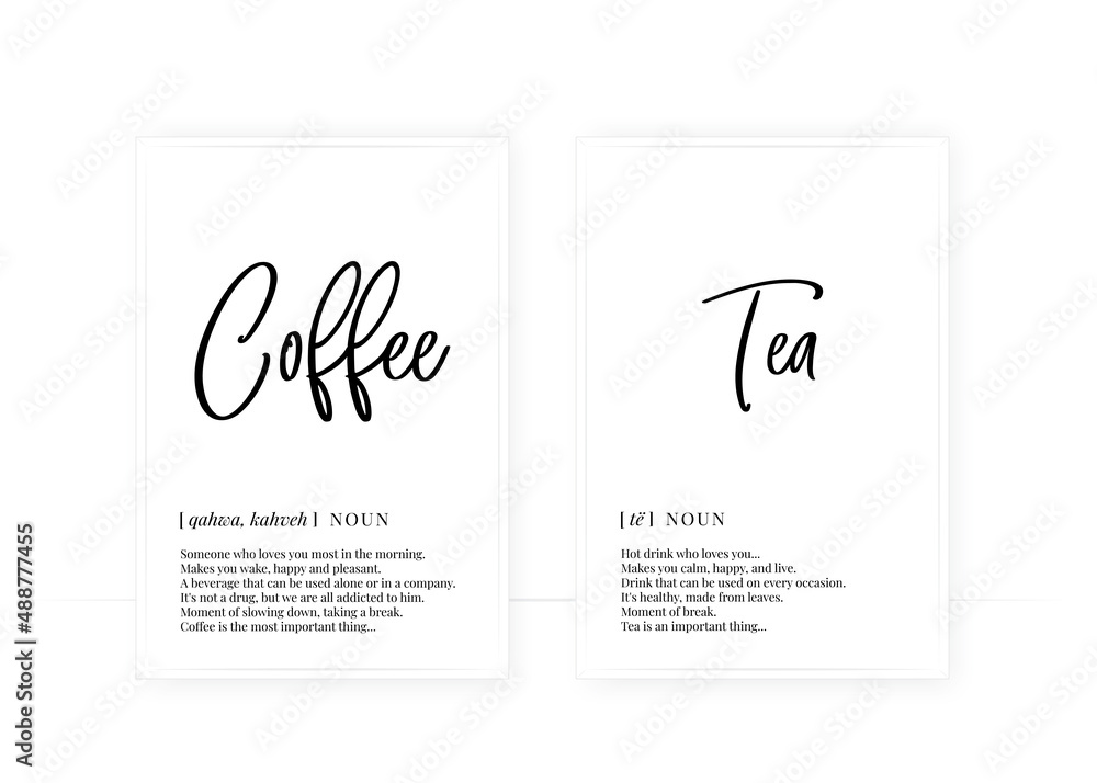 Coffee and tea definition, vector. Minimalist poster design. Wall art