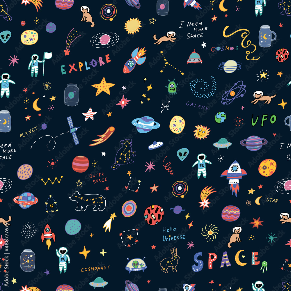 Space planets funny doodle universe objects vector seamless pattern Space planets funny doodle universe objects vector seamless pattern