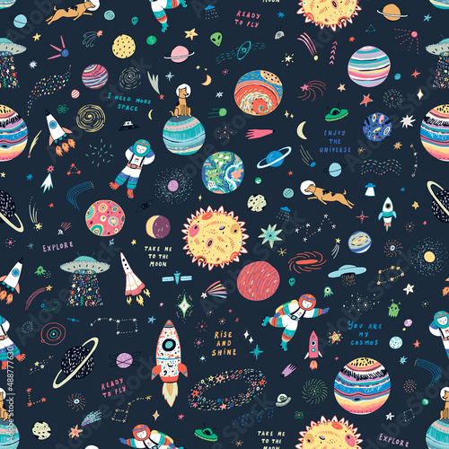 Space planets funny doodle universe objects vector seamless pattern