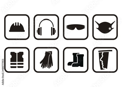 Protective equipments and work wear, protection head, hands, ears and body. Vector set icons, black signs at white frame.
